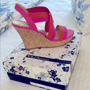 CL by Laundry Pink and Orange Wedge Sandals with Cork Heel